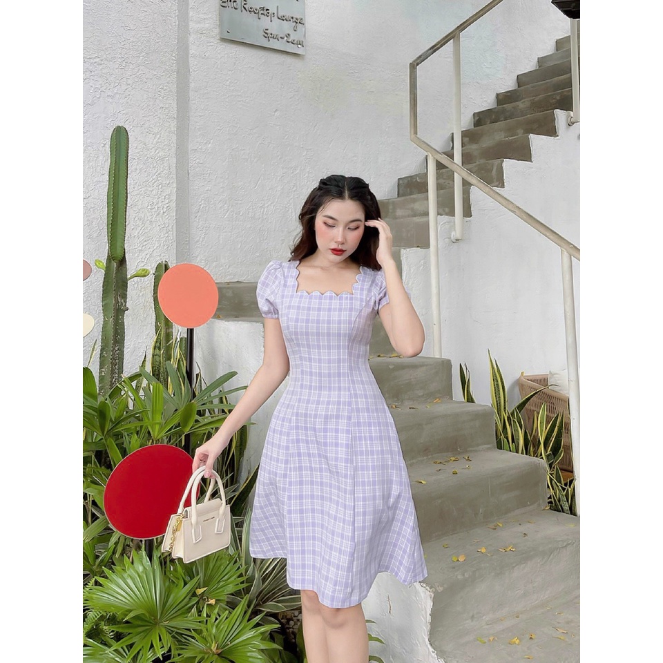Đầm caro cổ vuông gợn sóng thanh lịch Rebecca C351 Cin House
