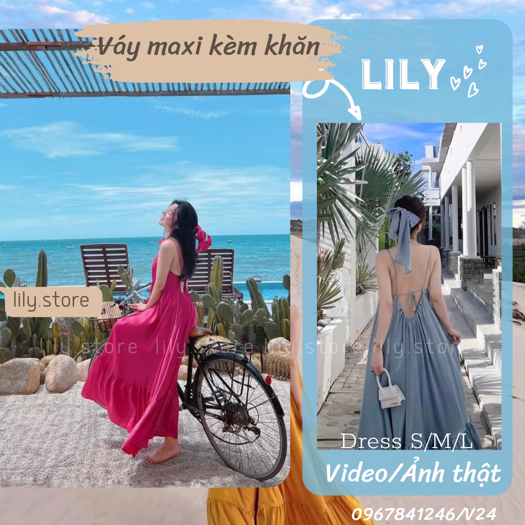 Váy nữ maxi đi biển dáng dài, Đầm nữ đi biển hở lưng dáng maxi kèm khăn nơ buộc tóc chất lụa cao cấp V24 LILY