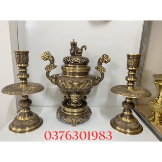 Bộ đỉnh lư hương thờ bằng đồng nguyên chất cao 50cm hun màu giả cổ