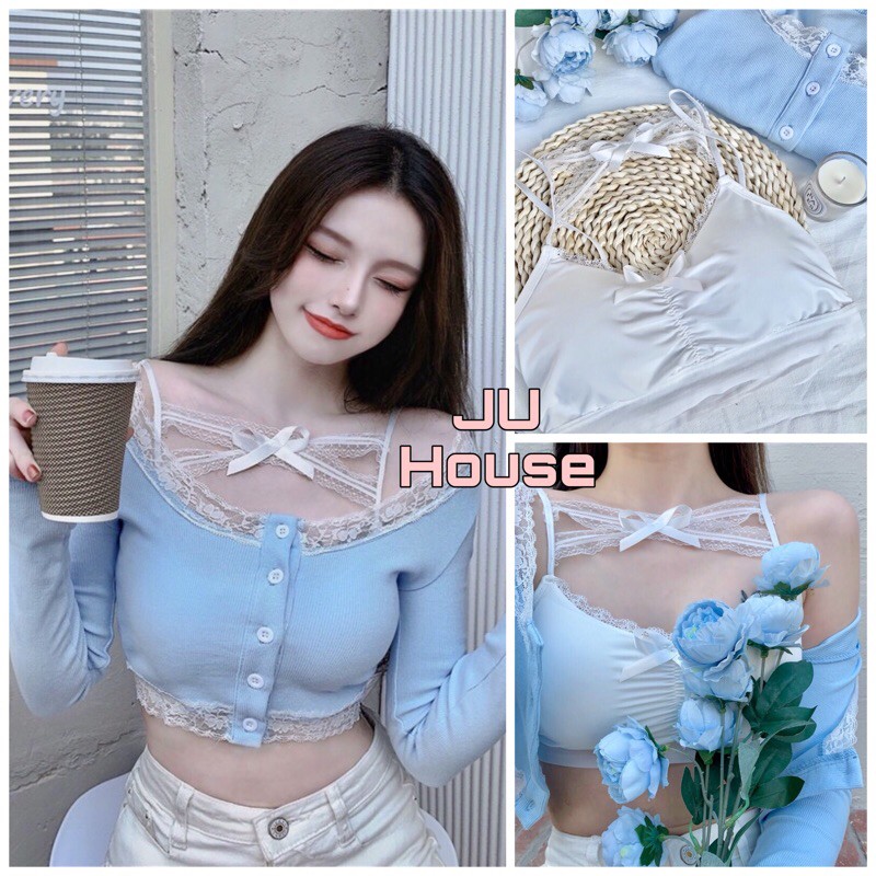 (SALE) Set 2 áo bra trắng nơ x crop gân thun xanh blue xinh