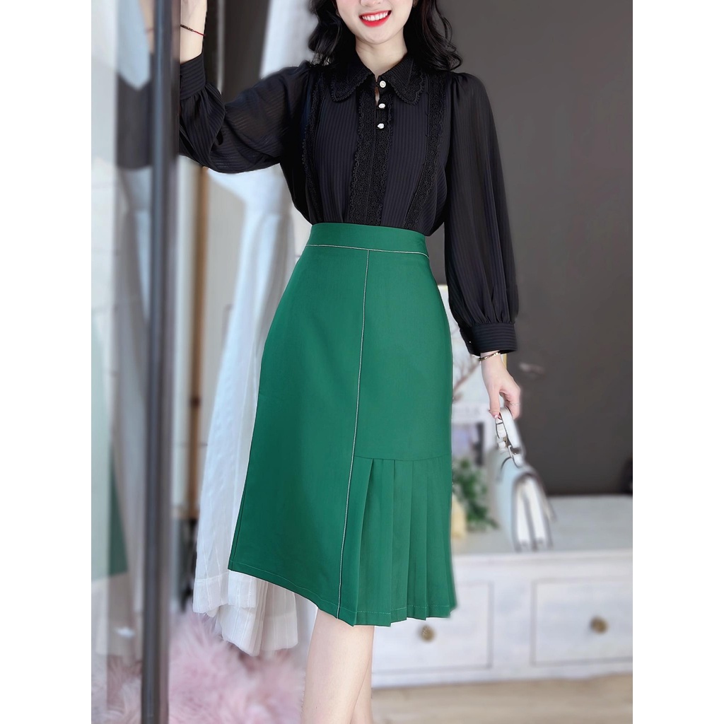 Chân váy công sở nữ dáng chữ A xếp ly 1 bên dài qua gối CHUU CV8013