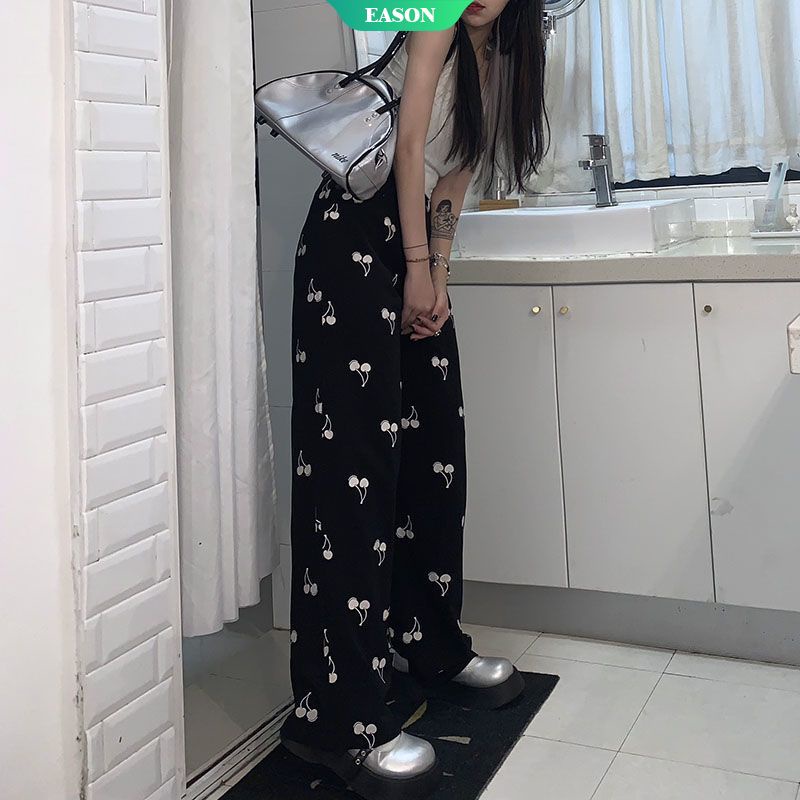 Quần Dài Ống Rộng Lưng Cao In Họa Tiết Cherry Thời Trang Mùa Hè Chất Lượng Cao