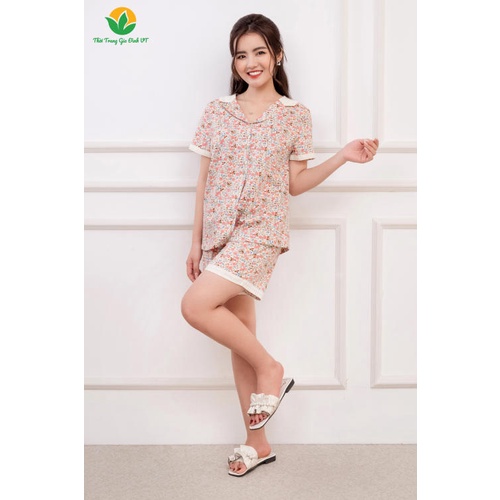 Bộ cotton quần đùi áo cộc tay họa tiết nữ Thời trang gia đình VT - B43.2201