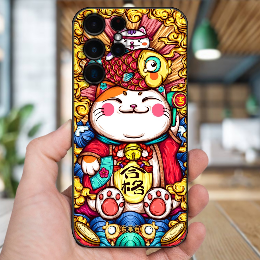 Ốp lưng Samsung S21 Ultra, S22 Ultra viền đen in hình Mèo Thần Tài dễ thương
