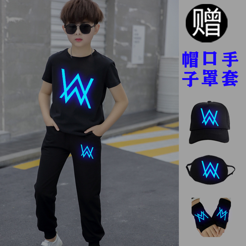 Set Áo Thun Tay Ngắn In Chữ Alan Walker + Quần Dài Phối Viền Dạ Quang Cá Tính