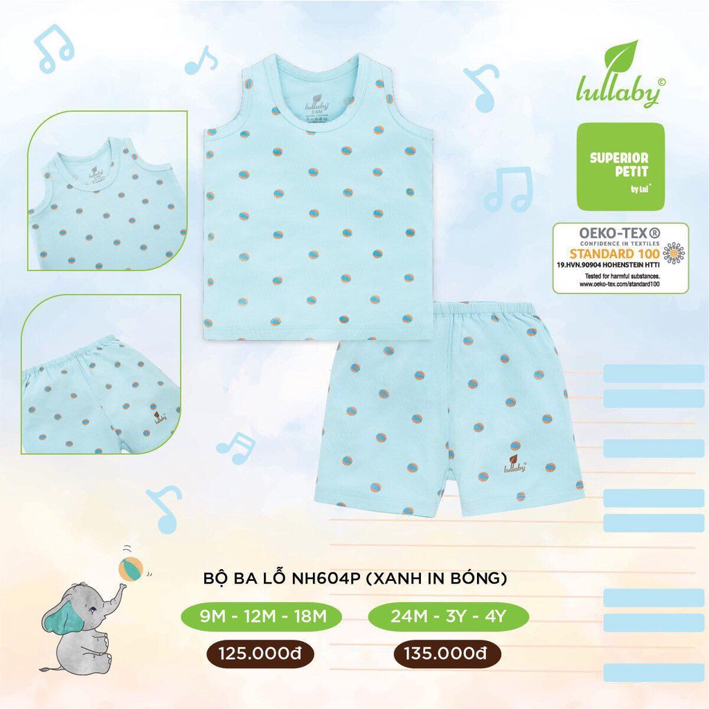 [Chính hãng]Bộ ba lỗ chất petit mềm mát in họa tiết trẻ em Lullaby chính hãng