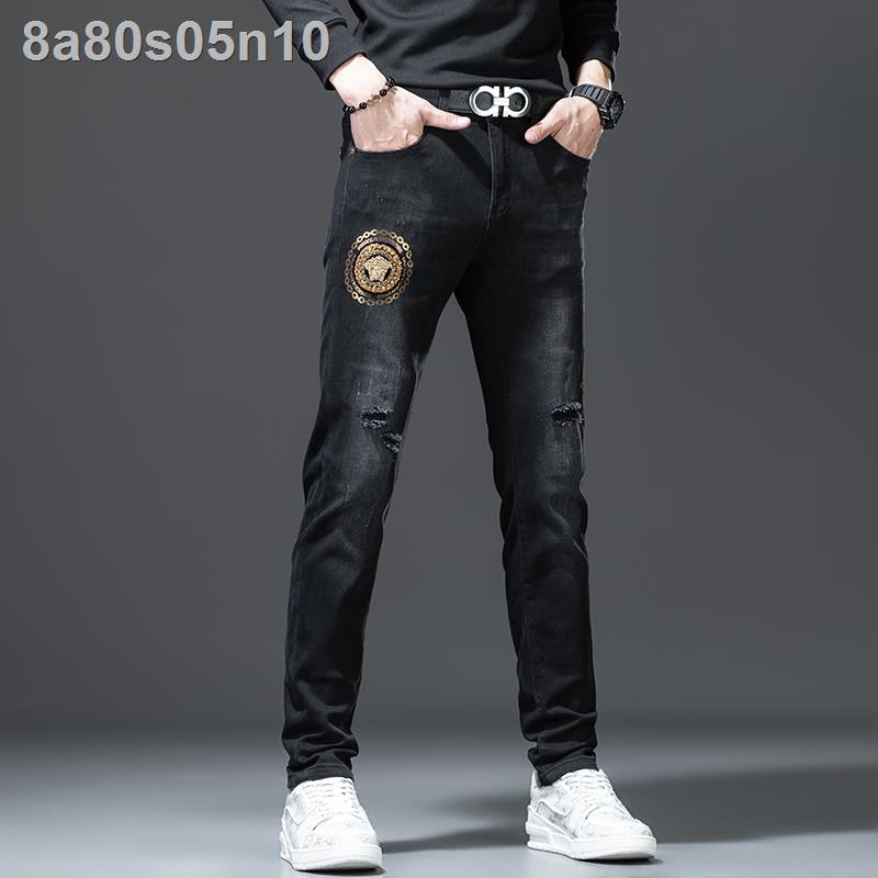 Thương hiệu thời trang Âu Mỹ denim đen nam thu đông mẫu thêu hoa Medusa Chân ôm giản dị phiên bản Hàn Qu