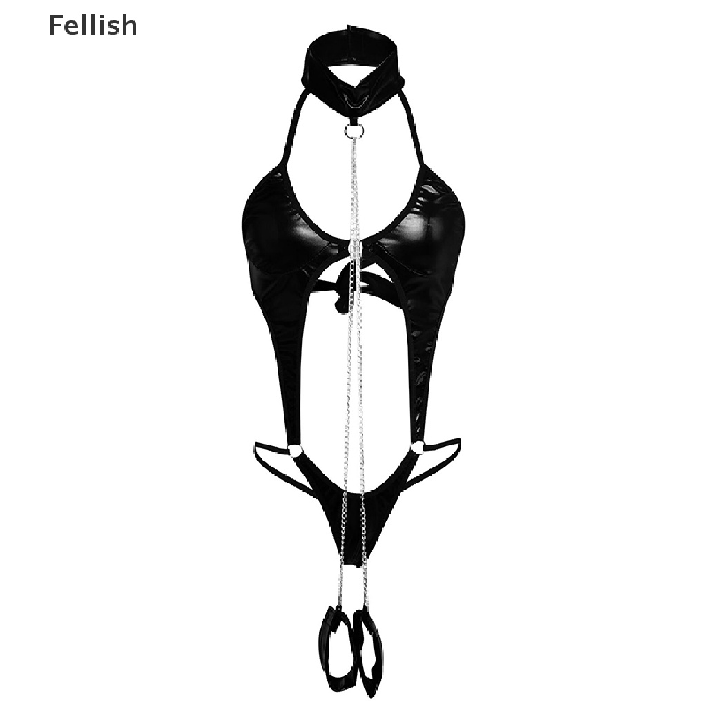 [Fellish] Black Patent Leather Sexy Lingerie Catsuit Latex Tempting Exciting Sleepwear 436VN