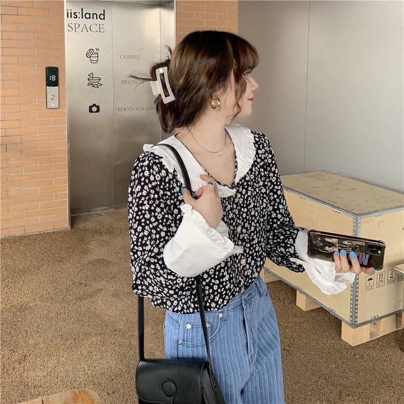 Áo sơ mi tay dài dáng rộng in họa tiết hoa phong cách Hàn Quốc thời trang xuân thu mới dễ phối đồ