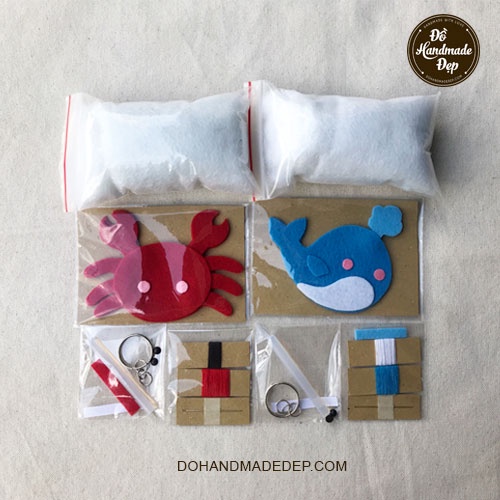 Combo bộ kit làm móc khóa vải nỉ con cua và cá voi xanh