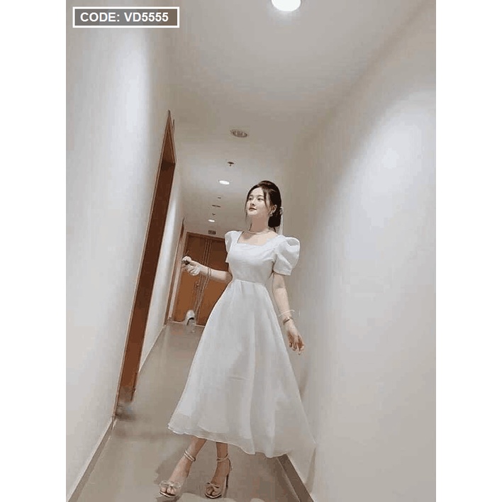 [HCM – hàng cao cấp] Mẫu đầm nữ đẹp maxi màu trắng cổ vuông nơ lưng tay bồng. | BigBuy360 - bigbuy360.vn