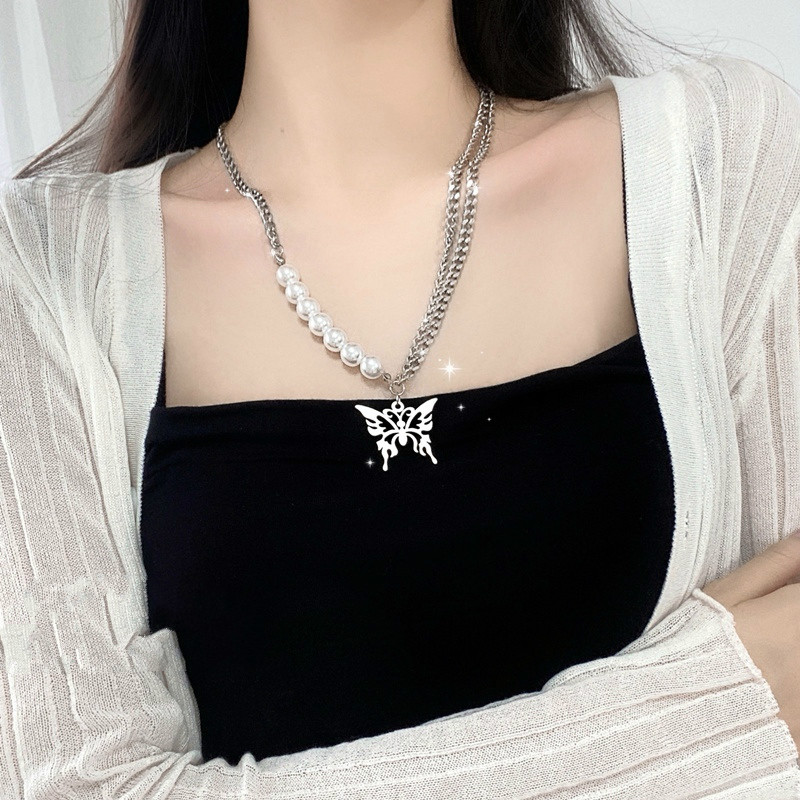 BUTTERFLY vòng cổ Kim Loại Mặt Hình Bướm Đính Ngọc Trai Phong Cách Hip Hop