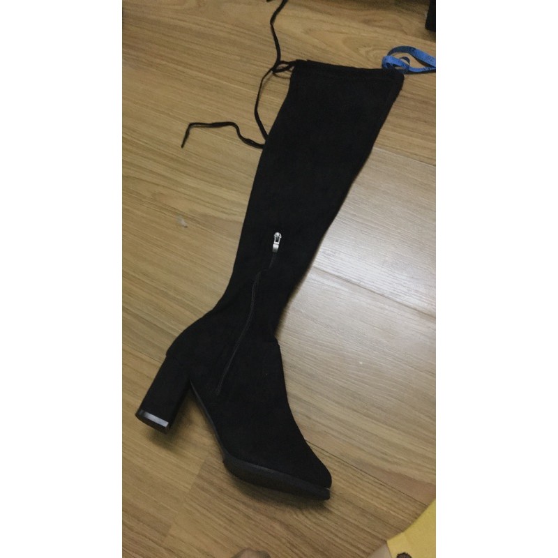 Freeship_Bốt đùi da lộn lót lông khoá cạnh dây sau gót vuông 7 phâncao cấp full box | BigBuy360 - bigbuy360.vn