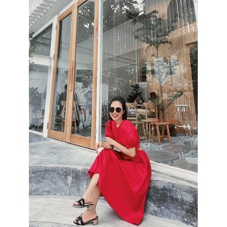 Đầm xoè đan dây lưng tay phồng