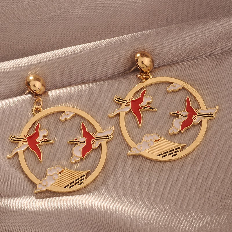 Bông Tai Dáng Dài Hình Chim Hạc Phong Cách Trung Hoa