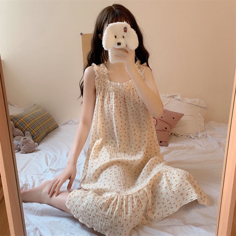 Jiashucheng Đầm Ngủ Hai Dây Mỏng Dáng Rộng Phong Cách Pháp Dễ Thương Ngọt Ngào Dành Cho Nữ Mặc Ở Nhà Mùa Hè