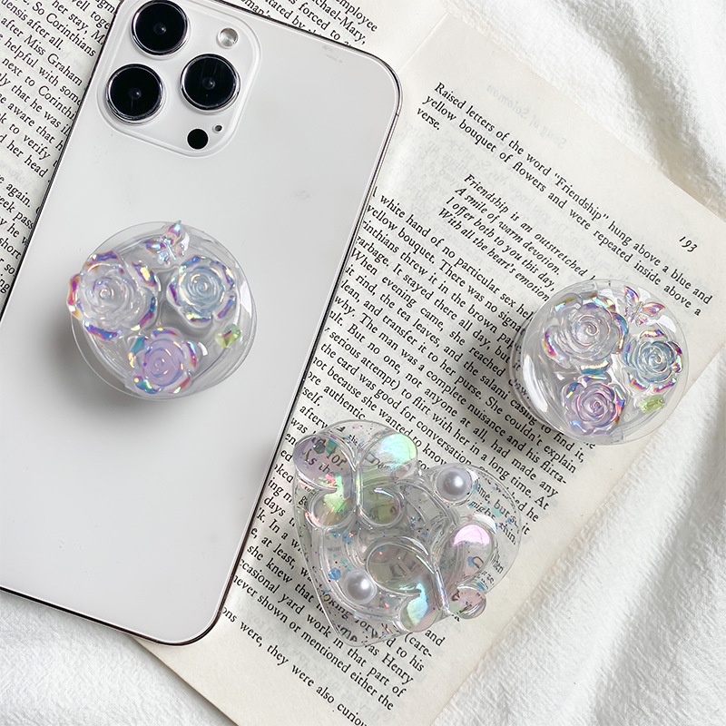 Giá Đỡ Điện Thoại Hình Hoa Màu Laser Trong Suốt Có Đệm Khí Màu Trơn