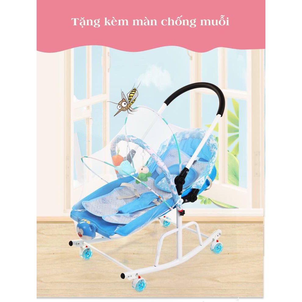 Ghế bập bênh nằm chơi cho bé có bánh xe và tay đẩy kèm đồ chơi phát nhạc (tặng màn chống muỗi + chiếu điều hòa)