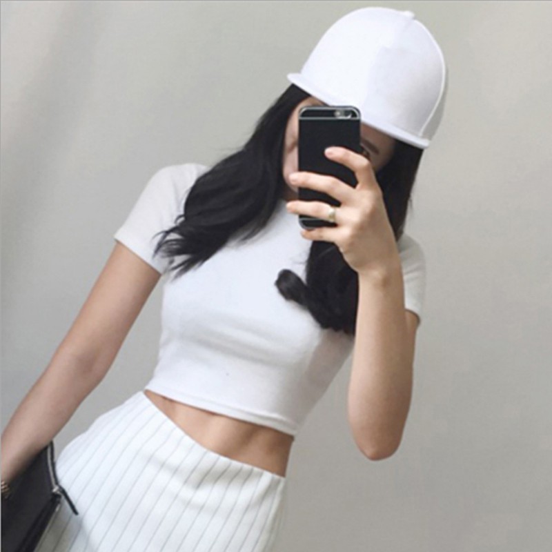 Áo Thun Crop Top Tay Ngắn Cổ Tròn Màu Trơn Thời Trang Mùa Xuân Cho Nữ