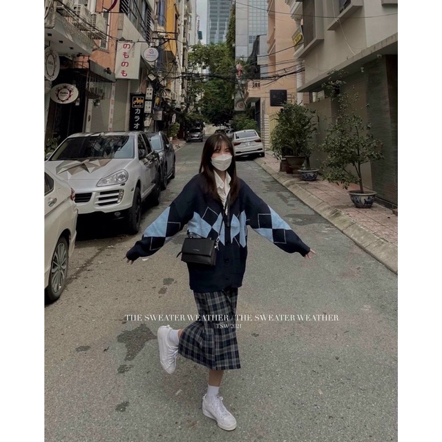 Cardigan hàn quốc phối caro form rộng