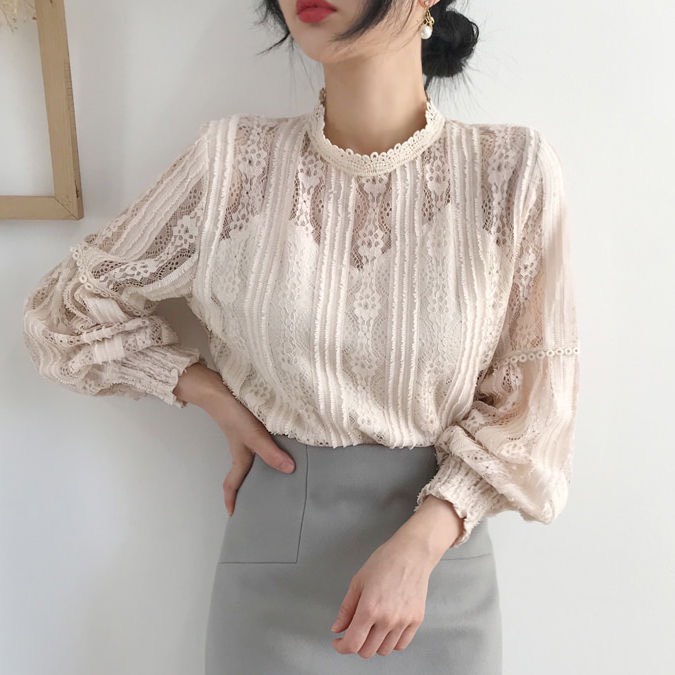 Áo ren tiểu thư bánh bèo dài tay cổ tròn kiểu hàn quốc sexy - 824