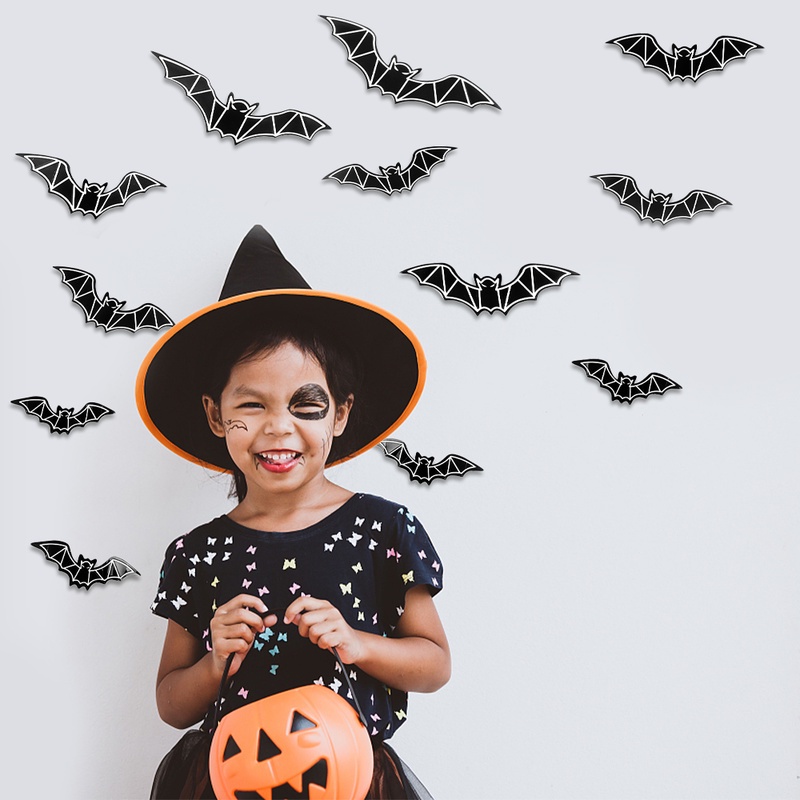 Set 12 Sticker Dán Tường Hình Dơi Đen Phát Quang Trang Trí Halloween