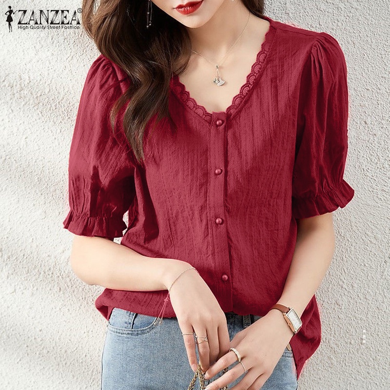 Zanzea Áo Kiểu Nữ Cổ Chữ V Tay Phồng Thời Trang Hàn Quốc