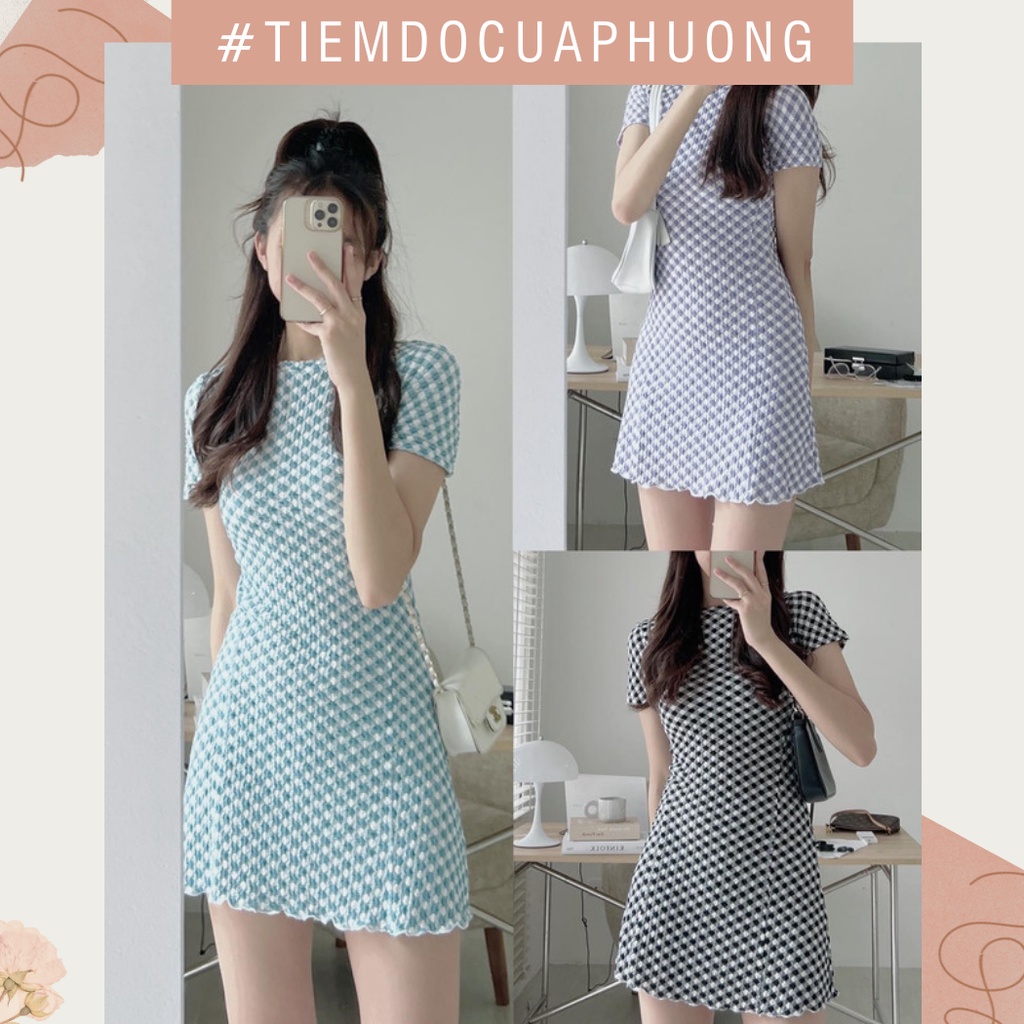 Váy/ Đầm ngắn body dáng chữ A kẻ caro cộc tay cổ tròn