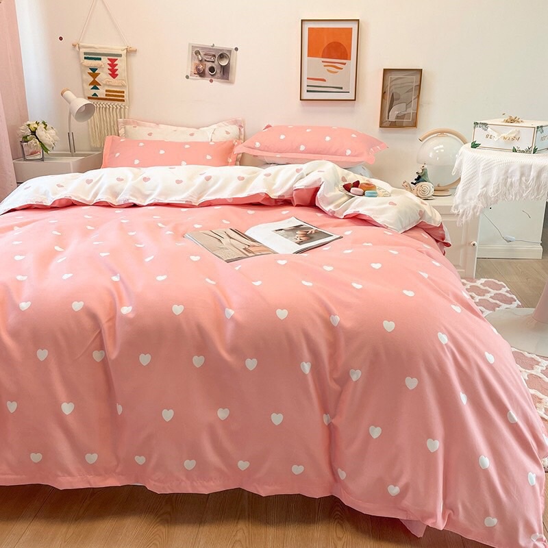 Bộ chăn ga Cotton Poly Bo Decor chăn ga Hàn Quốc họa tiết tim hồng