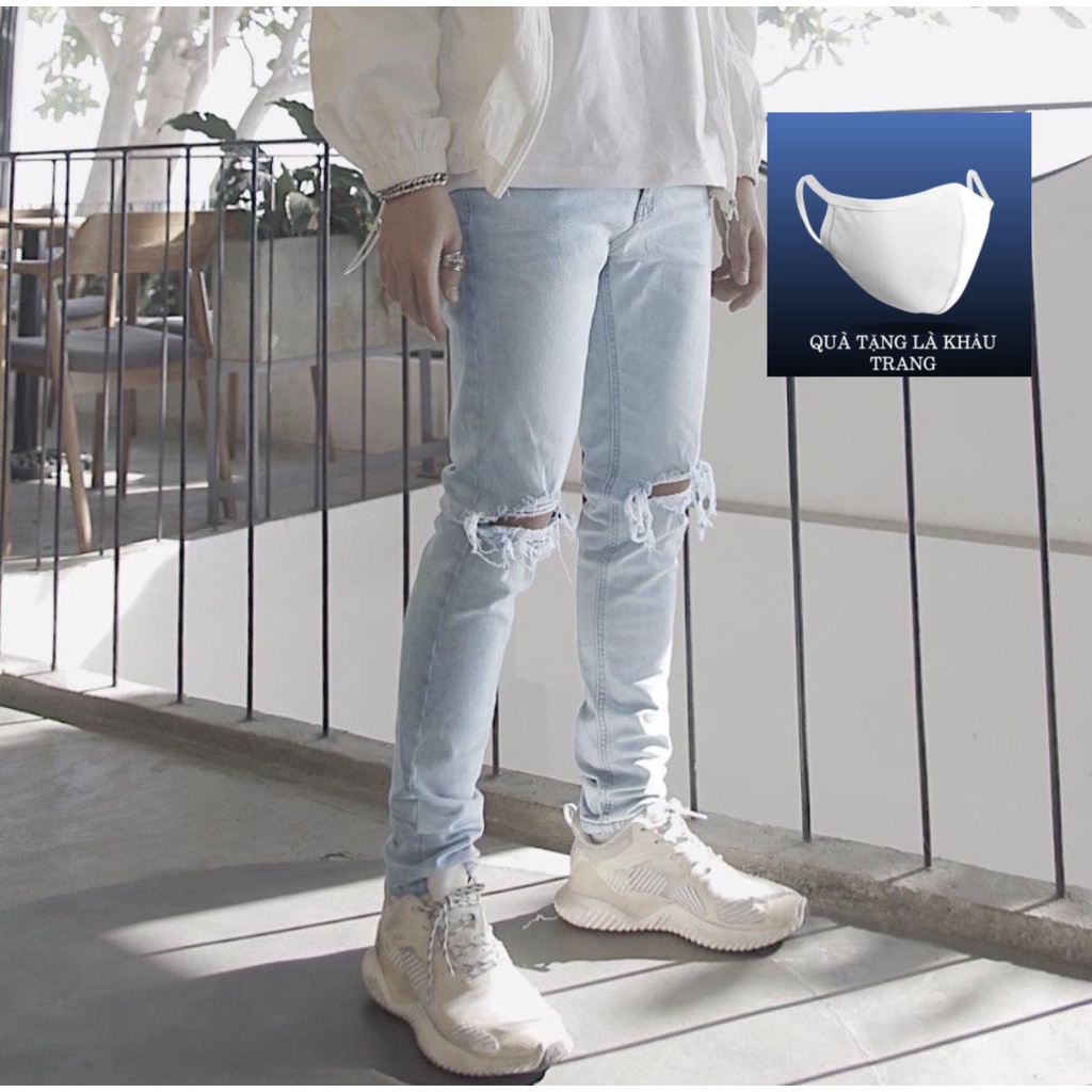 Quần Jean nam xanh rách đùi và gối, form slim mẫu mới của shop( có bigsize)