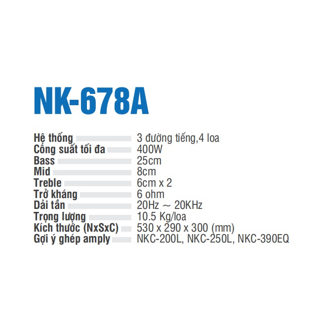 Loa treo NIKOCHI NK-678A - Hệ thống 3 đường tiếng,4 loa, Công suất tối đa 400W