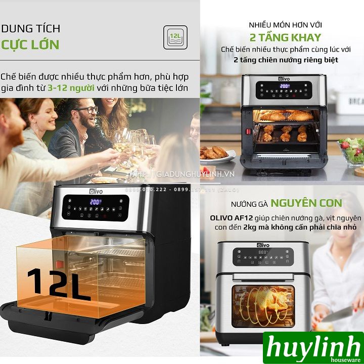 [Mã ELHAMS5 giảm 6% đơn 300K] Nồi chiên không dầu điện tử Olivo AF12 - 12 lít - Tặng voucher + Sách HD nấu ăn