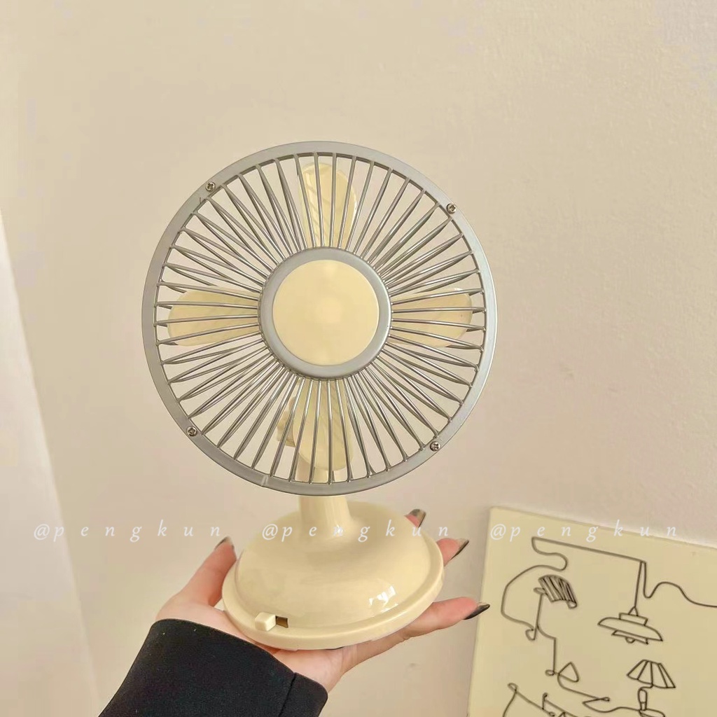 Quạt Điện Mini Để Bàn Màu Be Phong Cách Retro Có Dây Cáp USB Kép Tiện Dụng