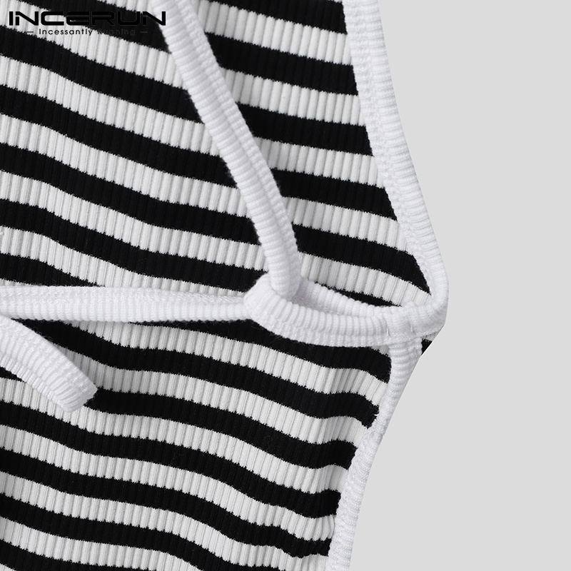 Áo hai dây INCERUN hở lưng hoạ tiết kẻ sọc thời trang cho nam