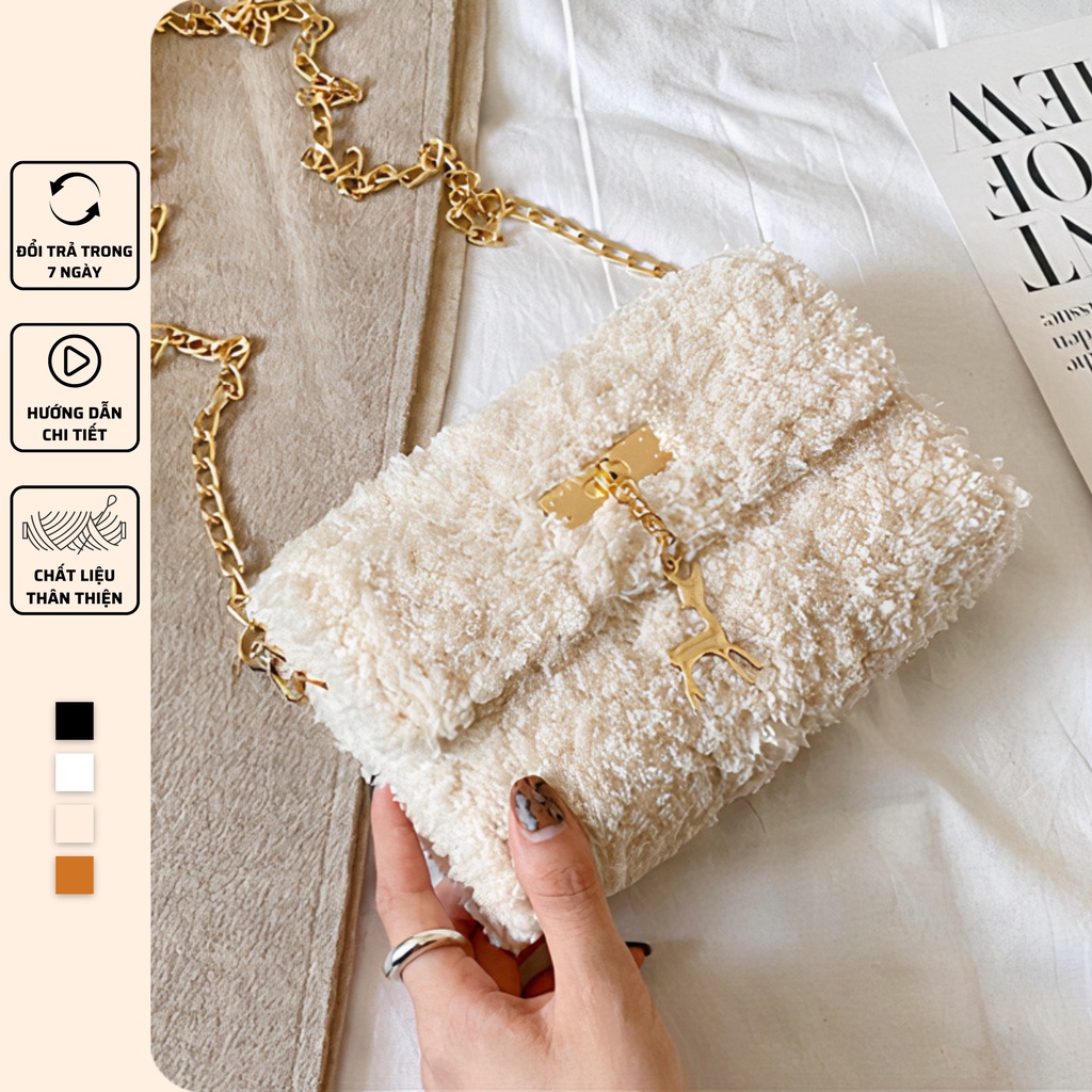 Túi len tự đan, túi đeo chéo len xù phong cách đơn giản cá tính - Bộ phụ kiện đầy đủ LX201