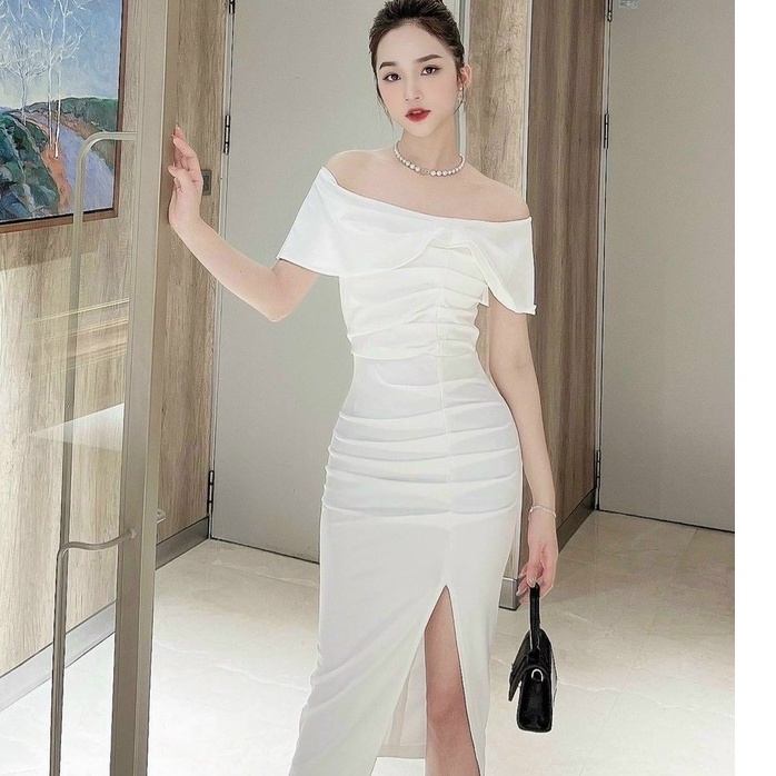 Đầm kiểu nữ trễ vai ôm body sẻ tà tay ngắn eo xếp ly có kèm mút thiết kế cho phái đẹp GKM FASHION