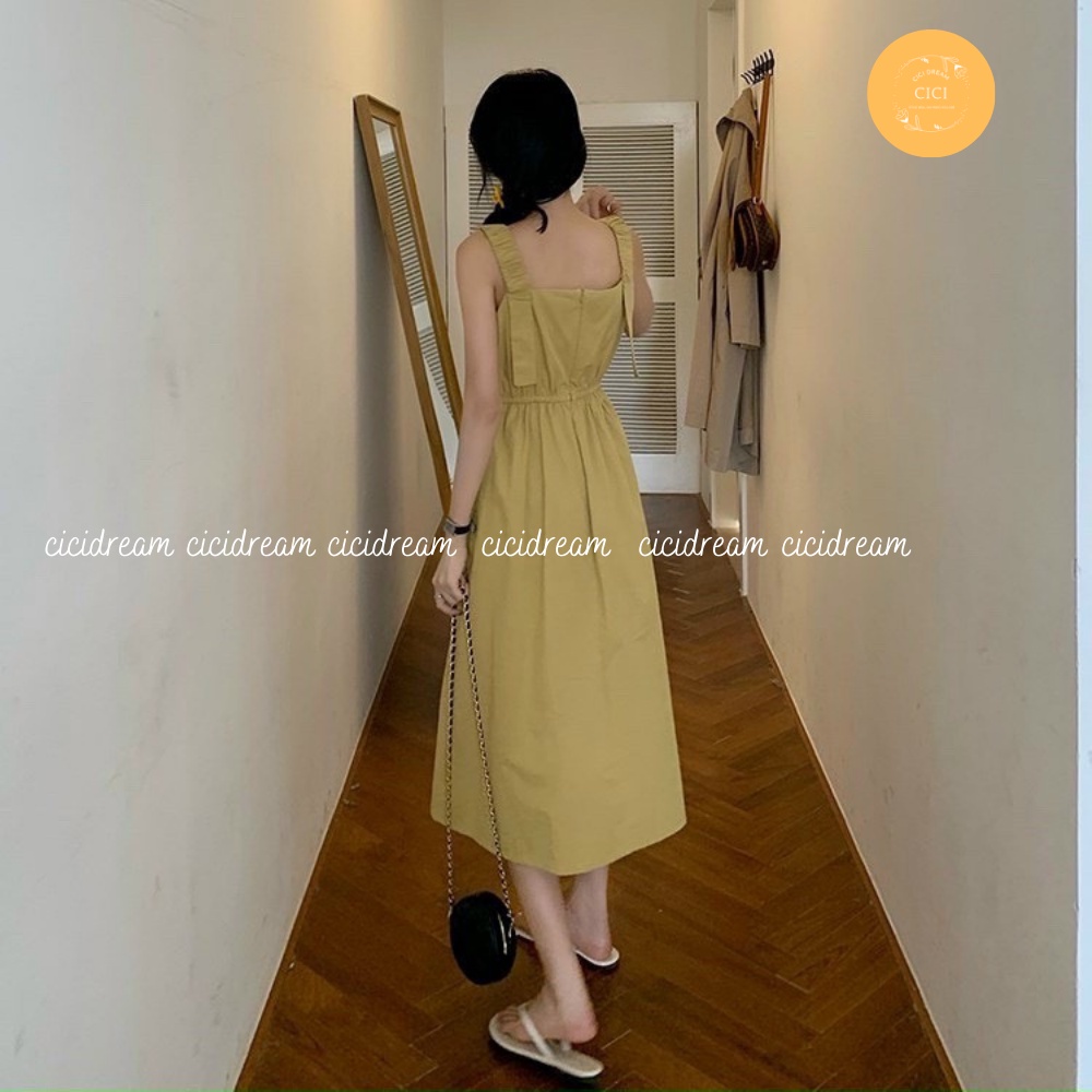 Đầm 2 dây chun eo có túi  chất vải thô , đầm  2 dây chất vải thô   thắt eo