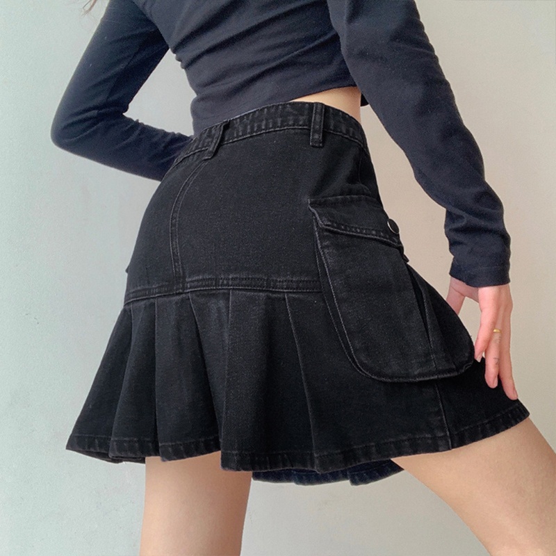 Chân Váy Jean Ngắn Lưng Cao Xếp Ly Phong Cách Vintage Thời Trang Cho Nữ Pu