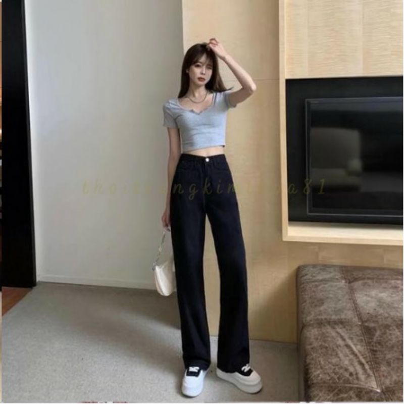 Quần ống suông rộng dài cạp cao chất jeans cao cấp dễ phối đồ