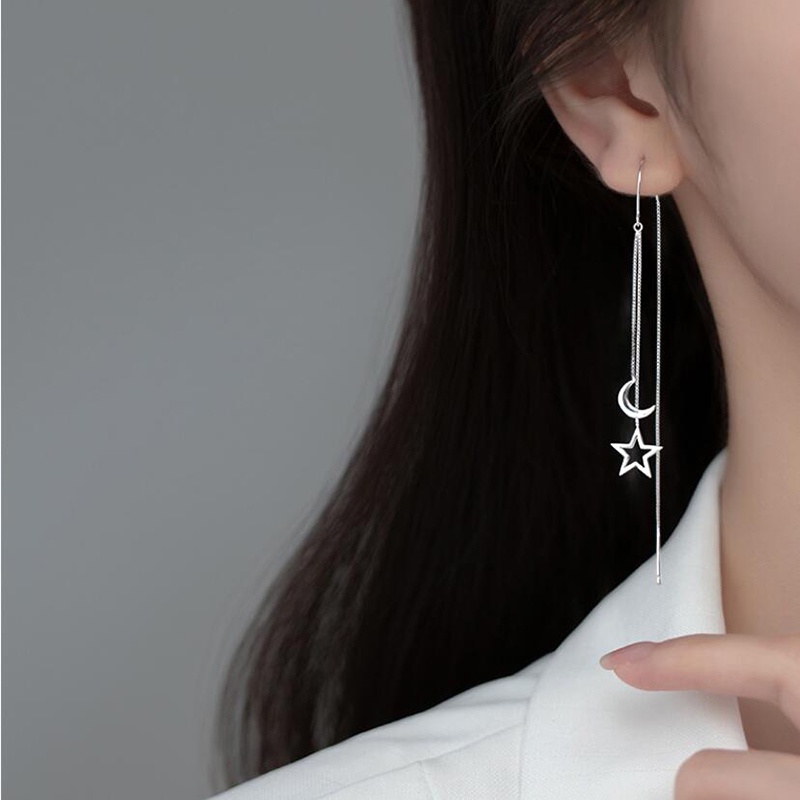 Hoa Tai Dáng Dài Hình Mặt Trăng Và Ngôi Sao Màu Bạc Thời Trang