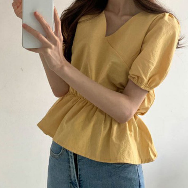 IELGY Áo Sơ Mi Tay Ngắn Chiết Eo Phong Cách retro Phương Tây Dành Cho Nữ