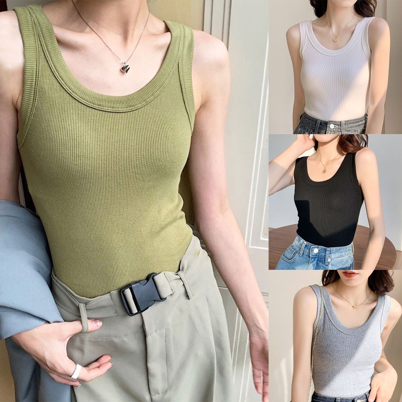 Áo Dệt Kim Sát Nách Cổ Tròn Dáng Ôm Màu Trơn Thời Trang Cho Nữ