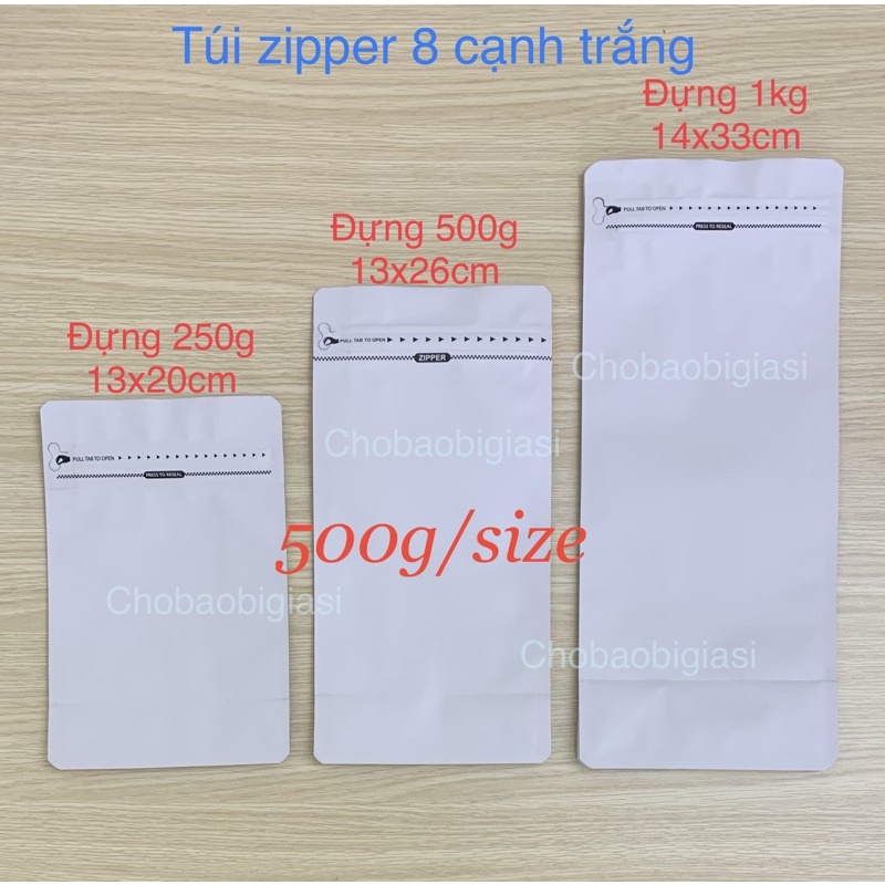 Túi zipper 8 cạnh đáy bằng màu trắng có sẵn 3 size, hàng đẹp
