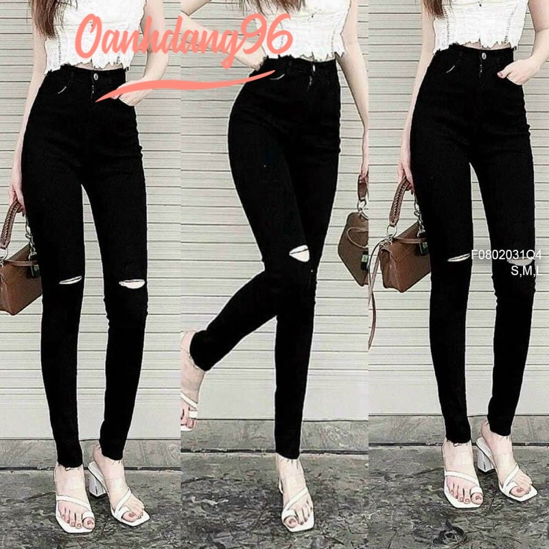Quần jeans ôm cạp cao rách gối co dãn 4 chiều siêu hot