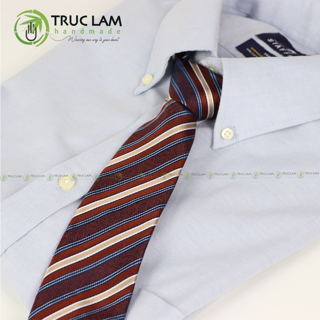 Cà Vạt Lụa 8cm Cho Nam Cao Cấp Họa Tiết Kẻ Sọc Đỏ Sang Trọng MS9 - Trúc Lâm Handmade