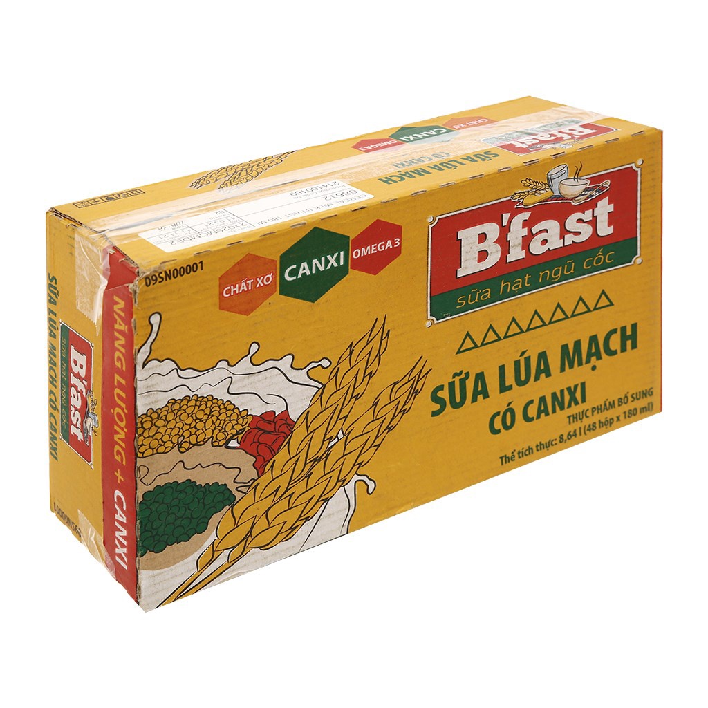 Thùng 48 hộp sữa lúa mạch Có Canxi B'FAST 180ml