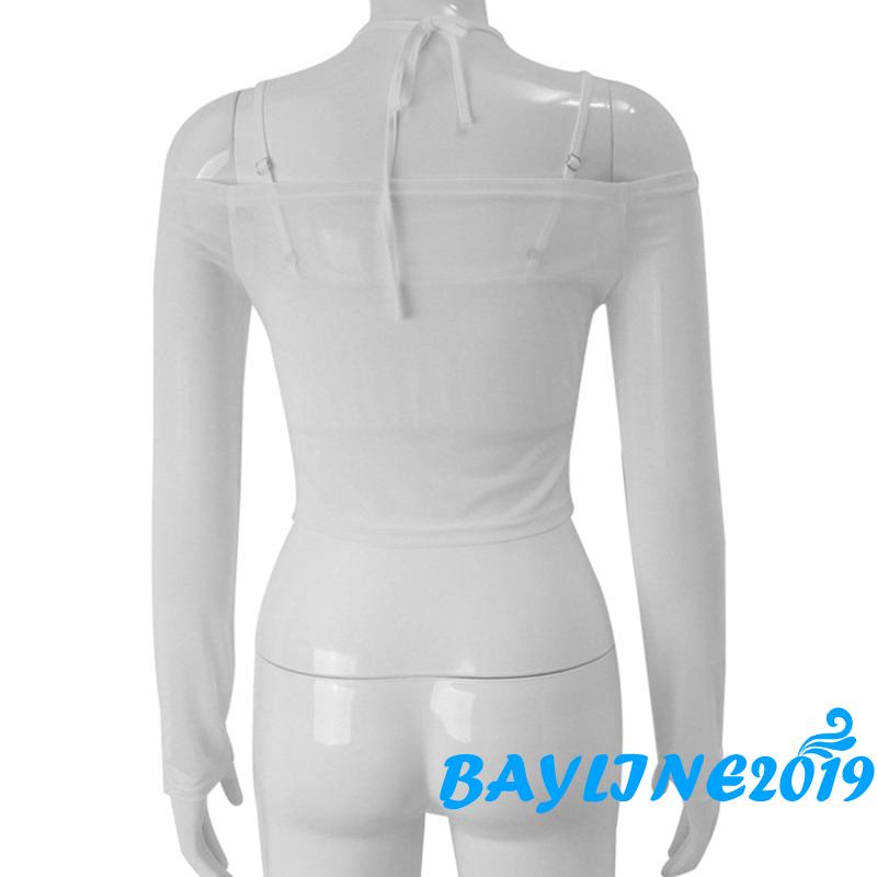 Bay- Áo Vest + Áo Crop Top Không Tay Cổ Treo + Áo Dài Tay Trễ Vai Màu Trơn Giản Dị Dành Cho Nữ