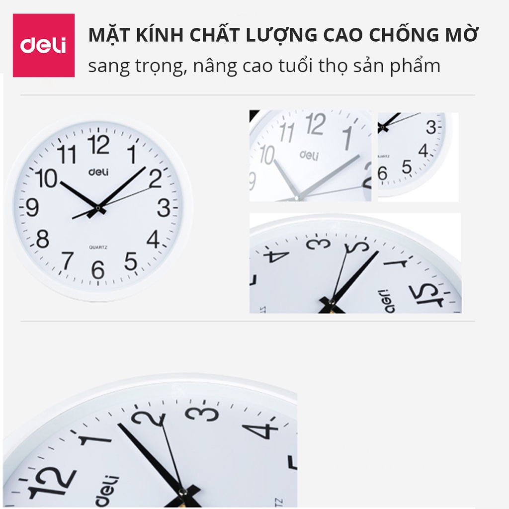 Đồng hồ treo tường kim trôi Quazt cao cấp Deli - Bảo hành 12 tháng, mua kèm móc treo giá shock - 9005