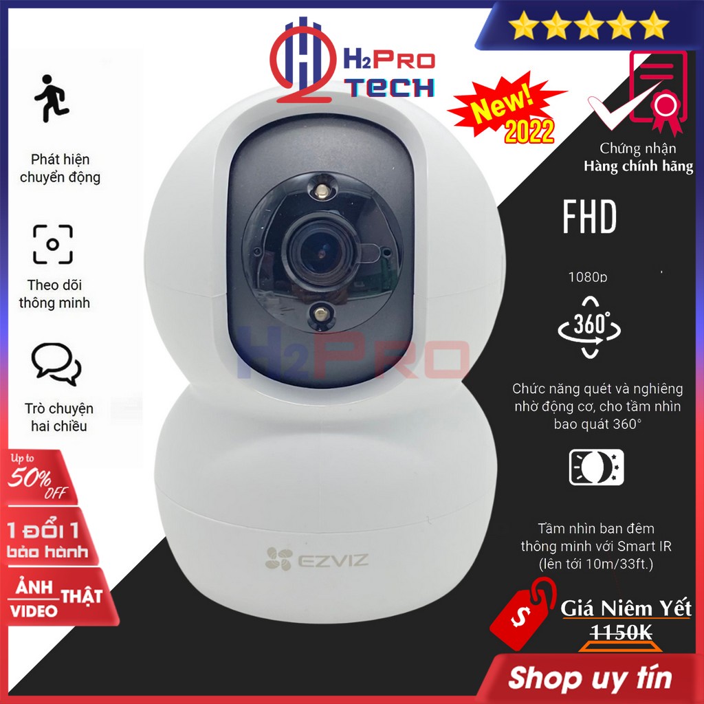 Camera wifi Ezviz, Camera Ezviz TY2 2022 1080p(2M) siêu nét góc rộng xoay 360 - Hàng chính hãng - Shop H2pro