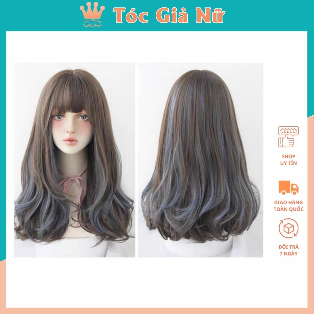 Tóc giả nữ nguyên đầu xoăn nhẹ phối line xanh dương, mẫu lửng 45cm, tặng lưới wig, TGN, C8267